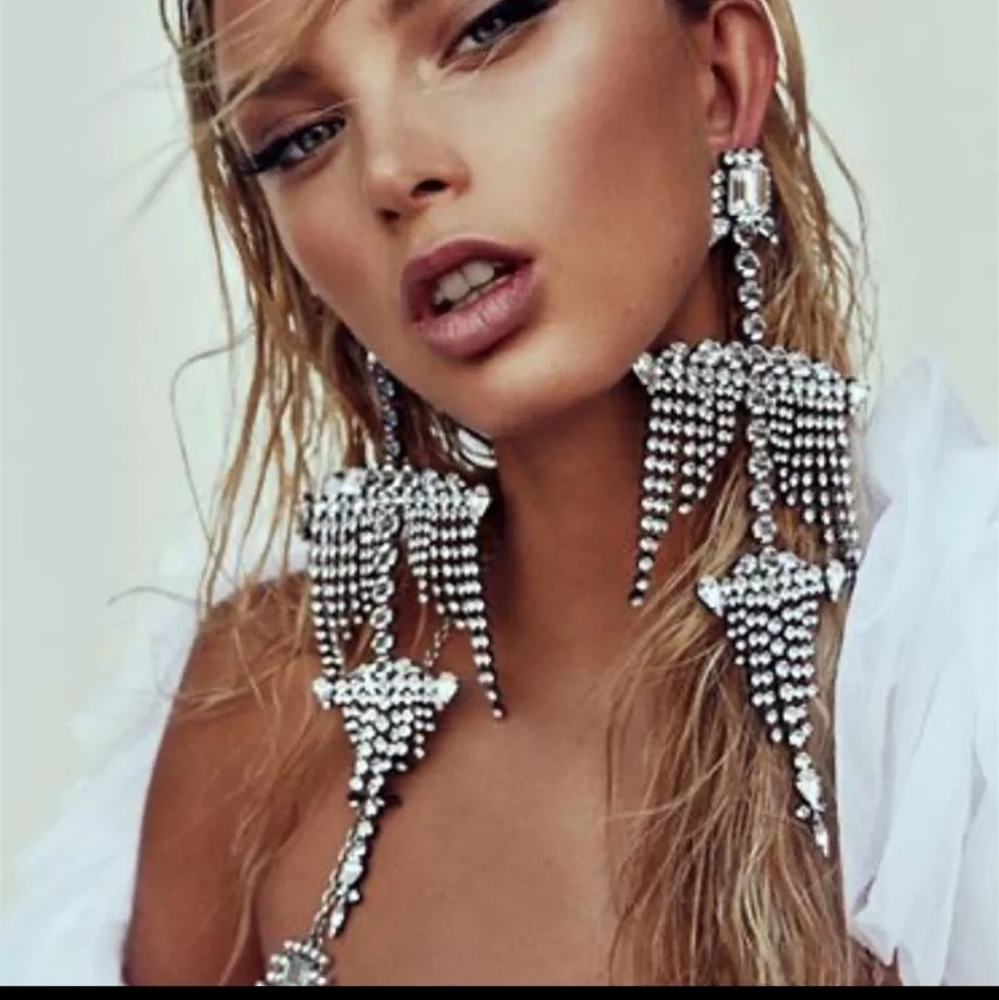 Silver Rhinestone Festival Long Chandelier Earrings